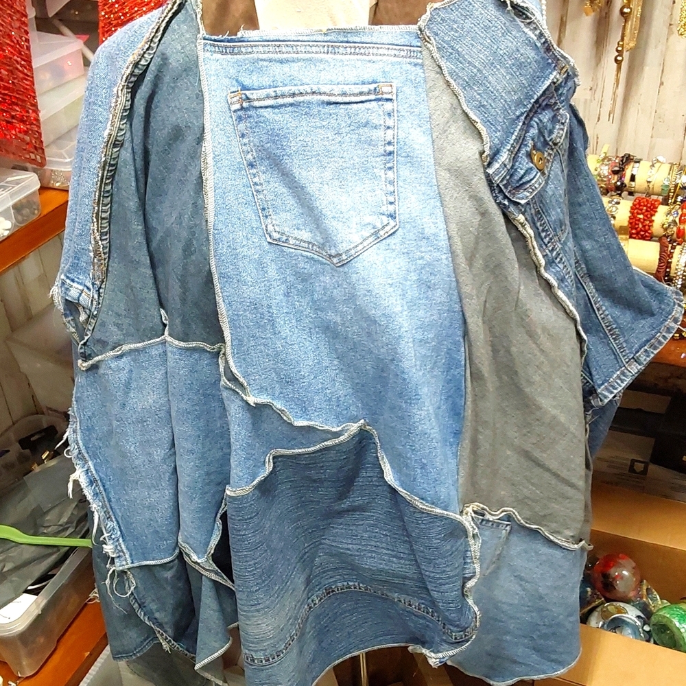 Handmade poncho, made with jean scraps and embroidery pieces.Large to xx large